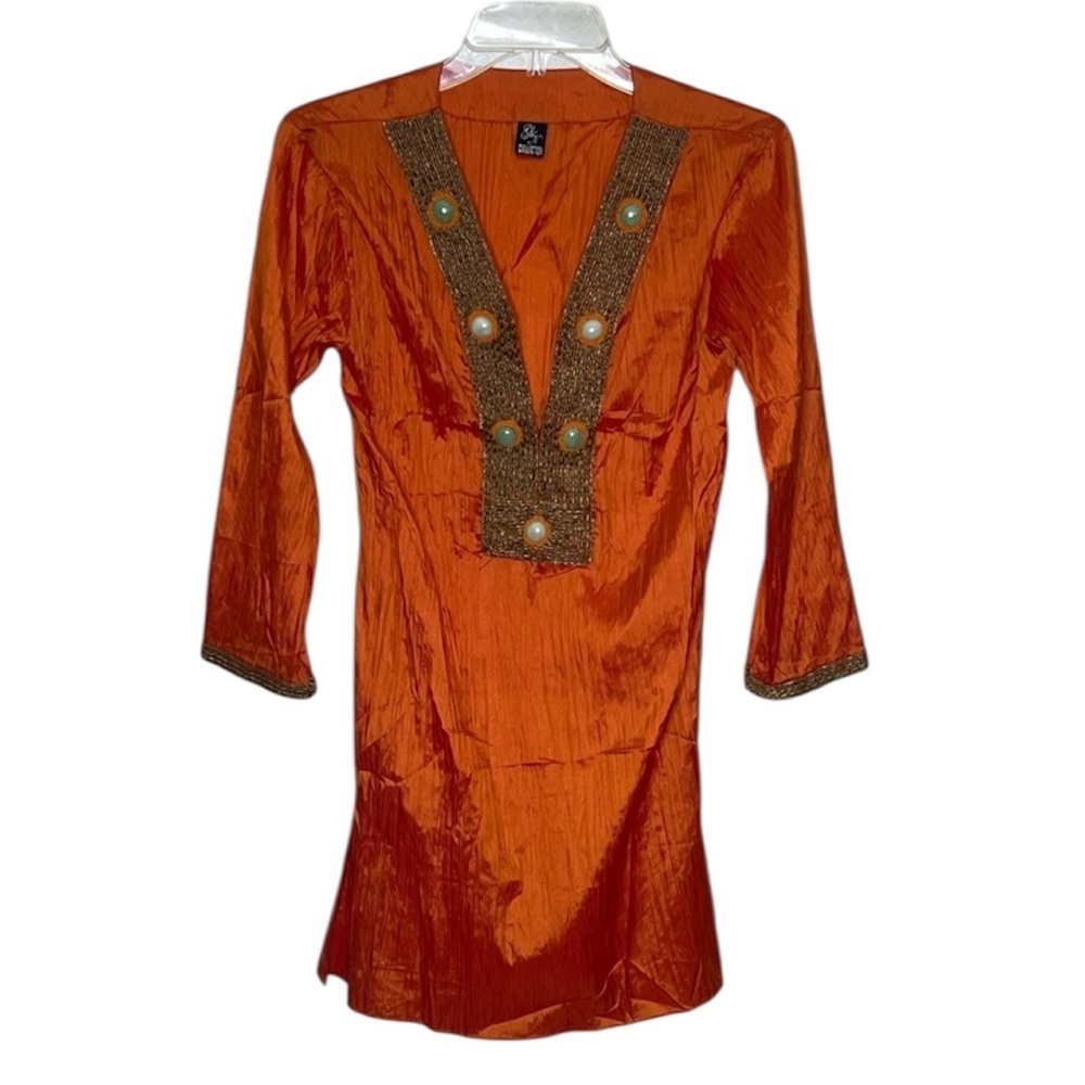 🆕 G+N Collection Orange Crinkle Top Tunic beaded embellishment Size S